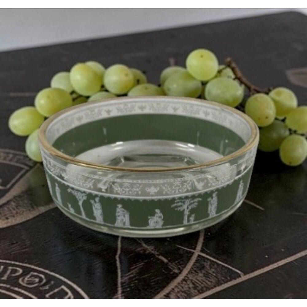 Vintage Green Band Glass Bowl 4.5" Diameter Gold Trim Classical Greek Roman